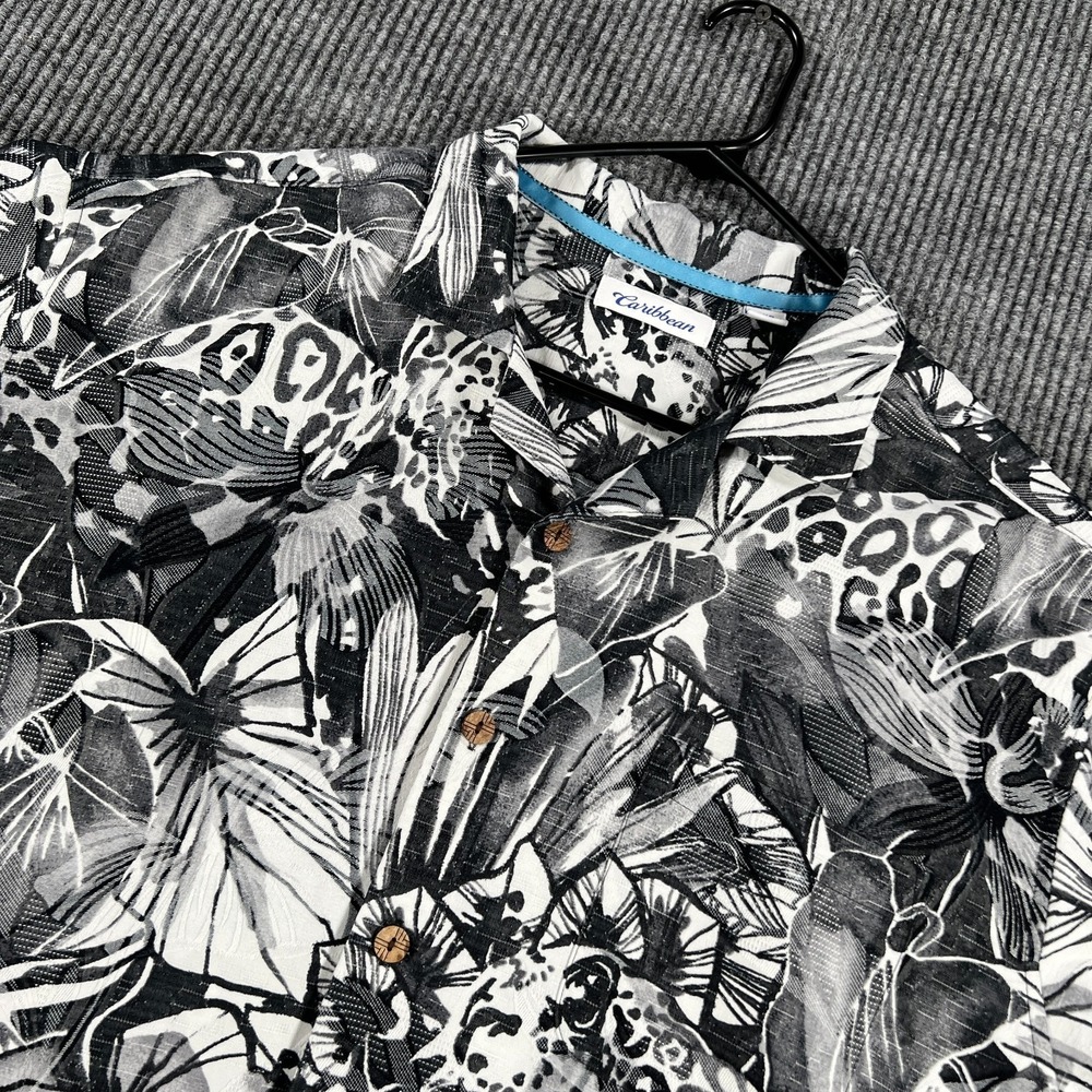 Caribbean Shirt Mens 2XB Big Black White Floral Short Sleeve Button Up Hawaiian‎
